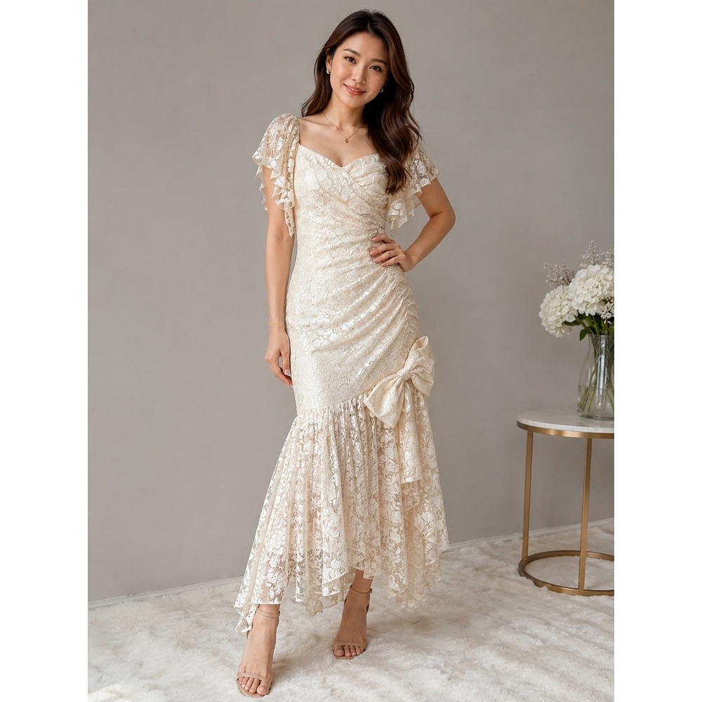 Vintage Cream Lace Mermaid Gown‎ High Low Ruffle Bow Formal Prom Dress Cream
